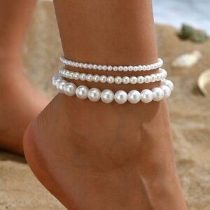 SHEIN White Pearl Anklet Stack - 3 Piece Beach Anklet Set